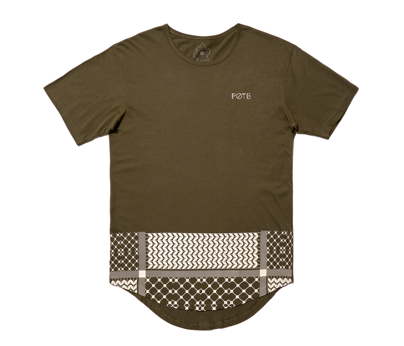 Keffiyeh Drop Cut Unisex Drop Hem T-shirt - Olive Green